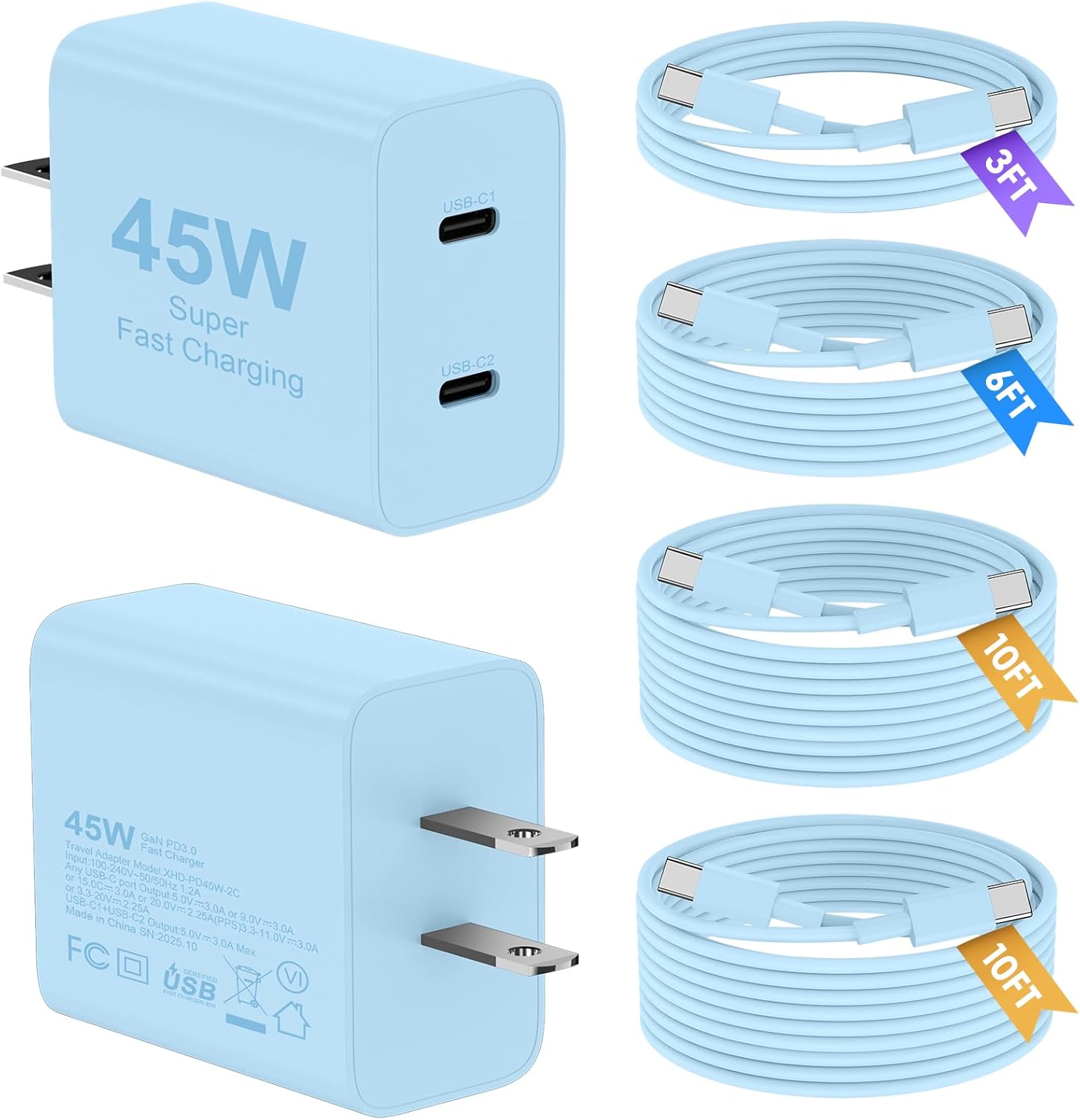 Super Fast Samsung Charger Type C, 2Pack 45W Dual Port USB C Fast Charger Block with Long 60W 3/6/10/10FT USB C to C Cable for Samsung Galaxy S25/S25 Ultra/S25+/S26/S24 Ultra /S24+/S23/iPhone 17- Blue