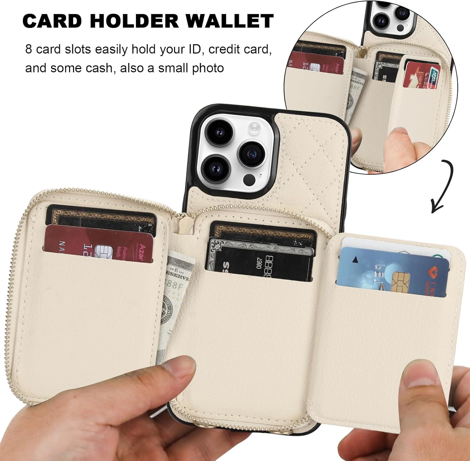 Bocasal Crossbody Wallet Case for iPhone 13 Pro Max, RFID Blocking PU Leather Zipper Handbag Purse Flip Cover, Kickstand Folio Case with Card Slots Holder Wrist Strap Lanyard 5G 6.7 Inch (Beige)