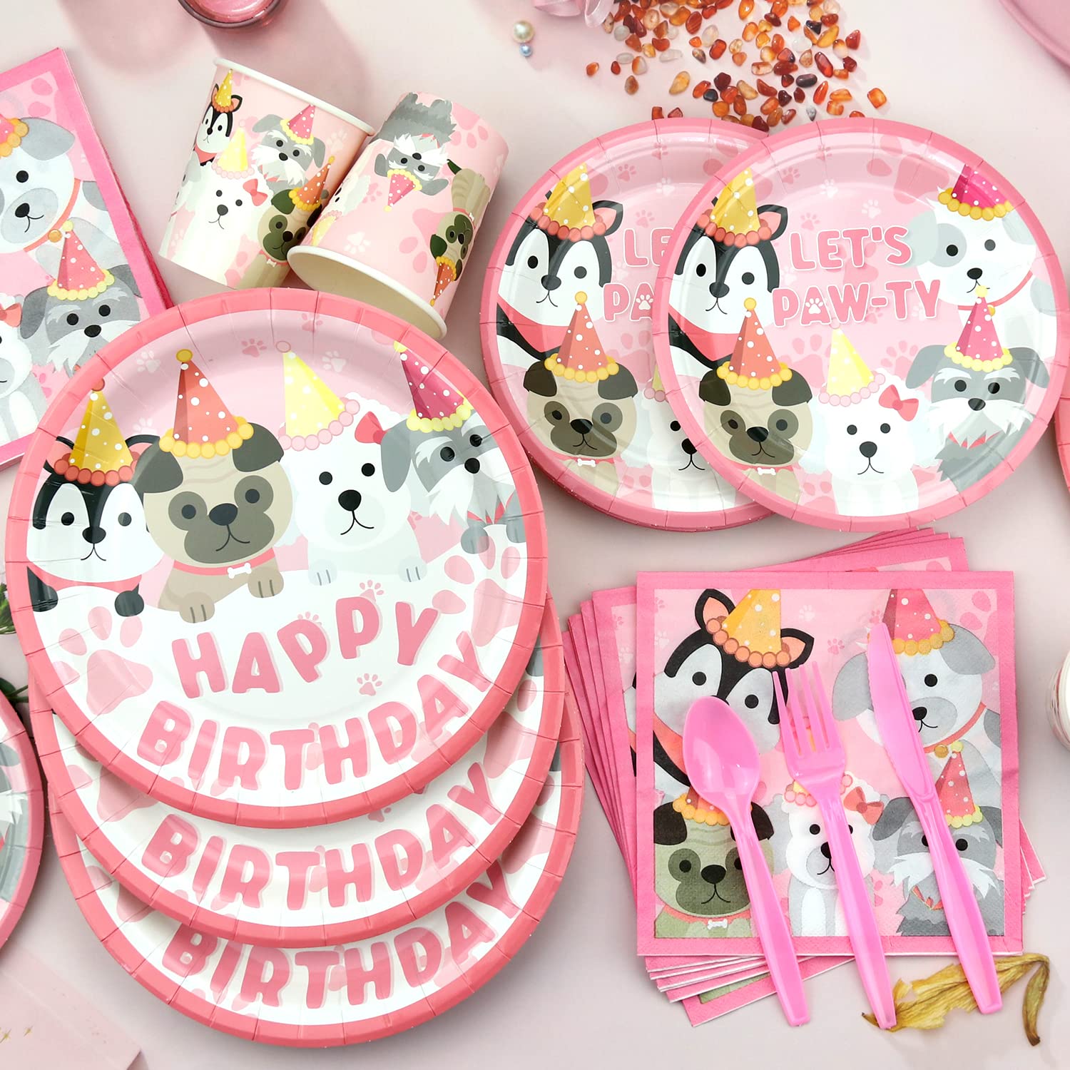 Pack De Vaisselle Jetable Rose à Motifs Animaux – 61 Pièces Pour 20 Enfants – Anniversaire, Fête - 8