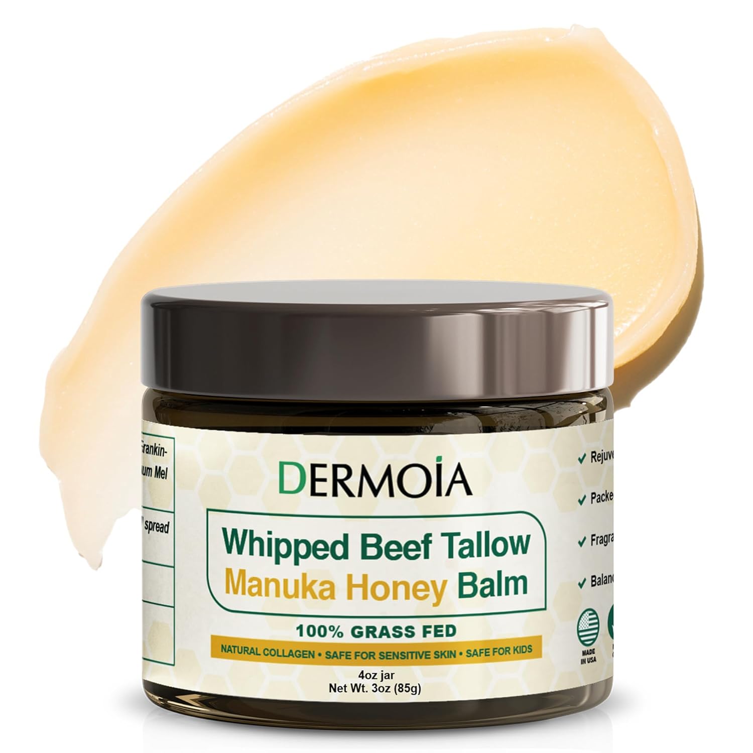 Grass Fed Whipped Beef Tallow for Skin with Manuka Honey - Silky Smooth, Fast Absorbing Tallow & Honey Balm - Ideal for Kids & Eczema Prone Area - Whipped Moisturizer for Dry & Sensitive Skin