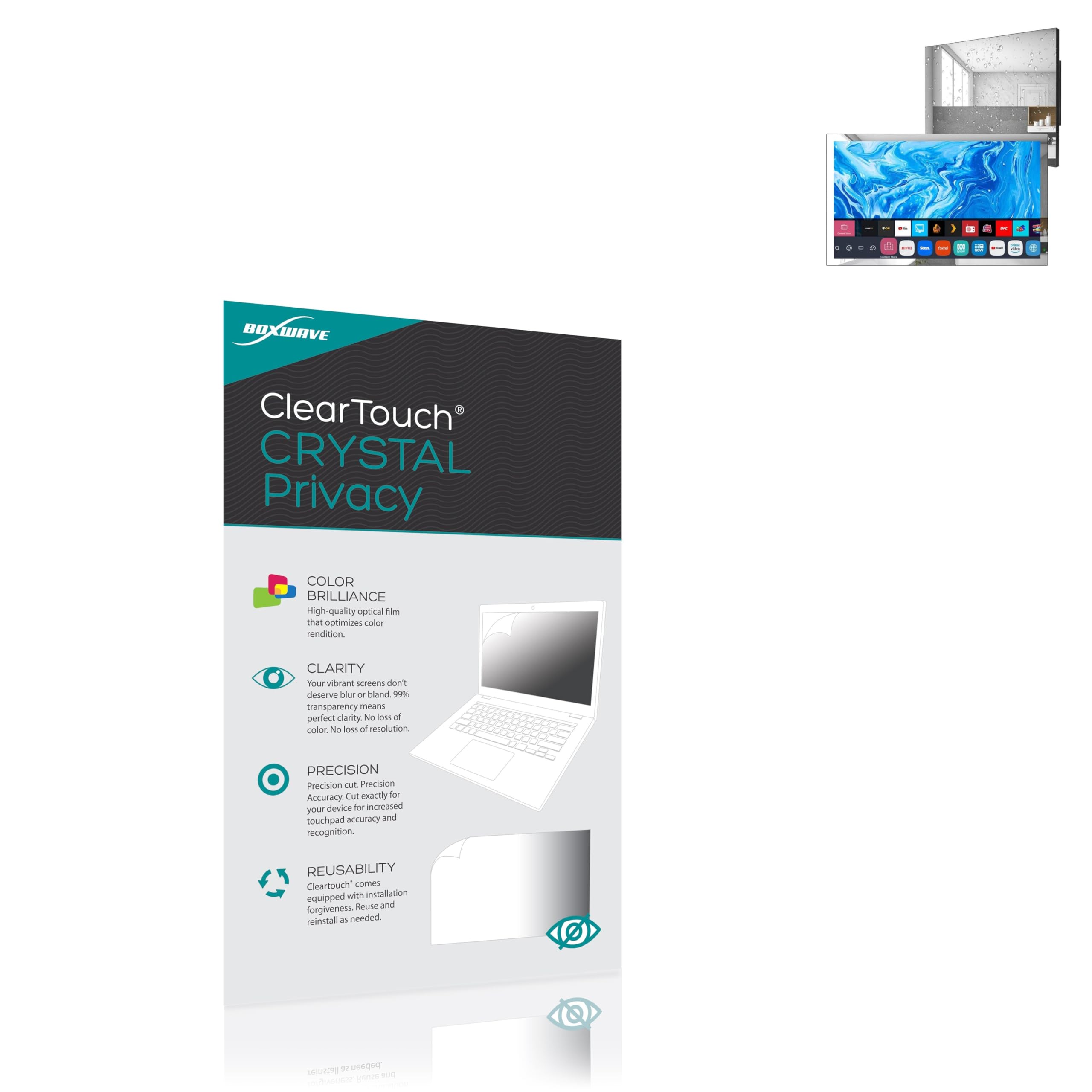BoxWaveScreen Protector Compatible with elecsung 24 in Smart Mirror TV for Bathroom - ClearTouch Crystal Privacy (2-Pack), Privacy Screen Protector Flexible Film Clear