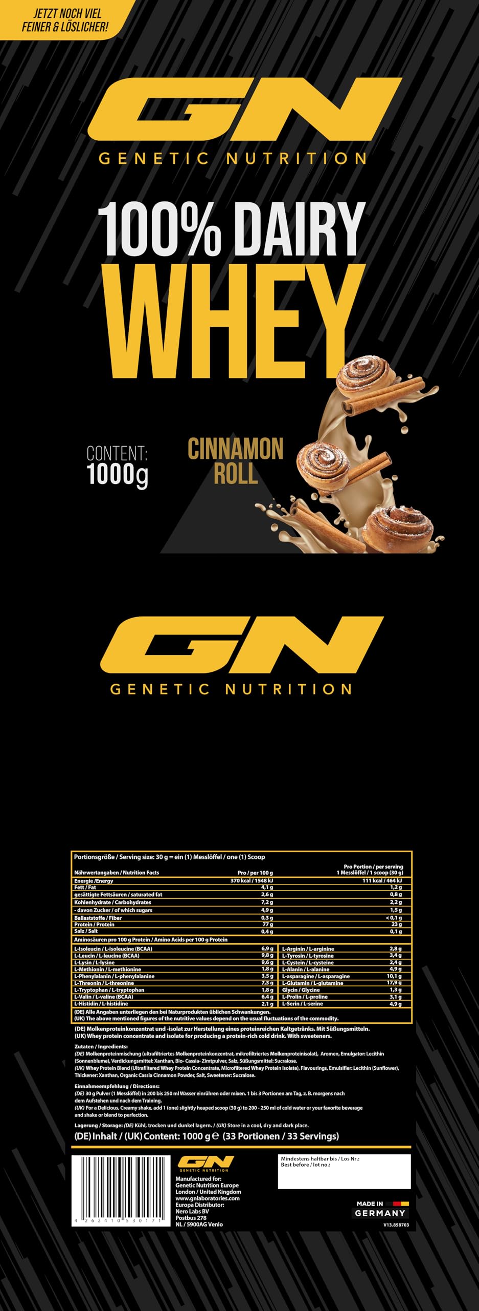 GN Laboratories 100% Dairy Whey Protein w proszku 1 kg (Cinnamon Roll) – białko w proszku z 23 g białka na porcję, idealny do budowy i utrzymania mięśni, sprawdzona jakość – Made in Germany