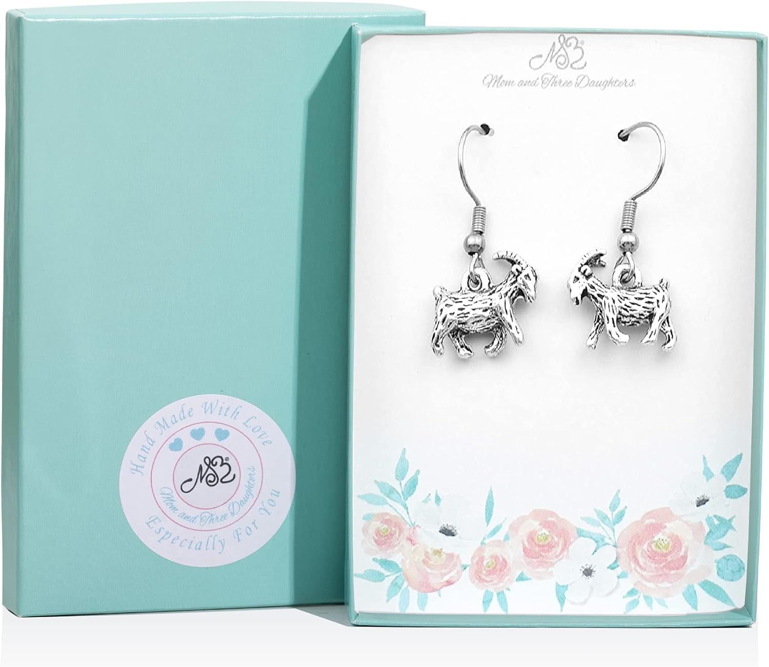 3D Silver Goat Earrings | Silver Stainless Steel Dangle Earrings for Women |