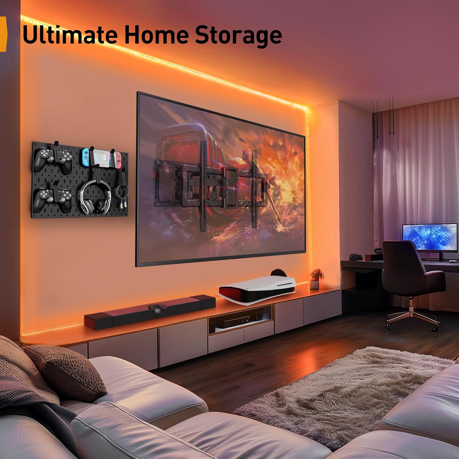 Perlegear TV Wall Mount and Pegboard in a home entertainment setup for ultimate storage
