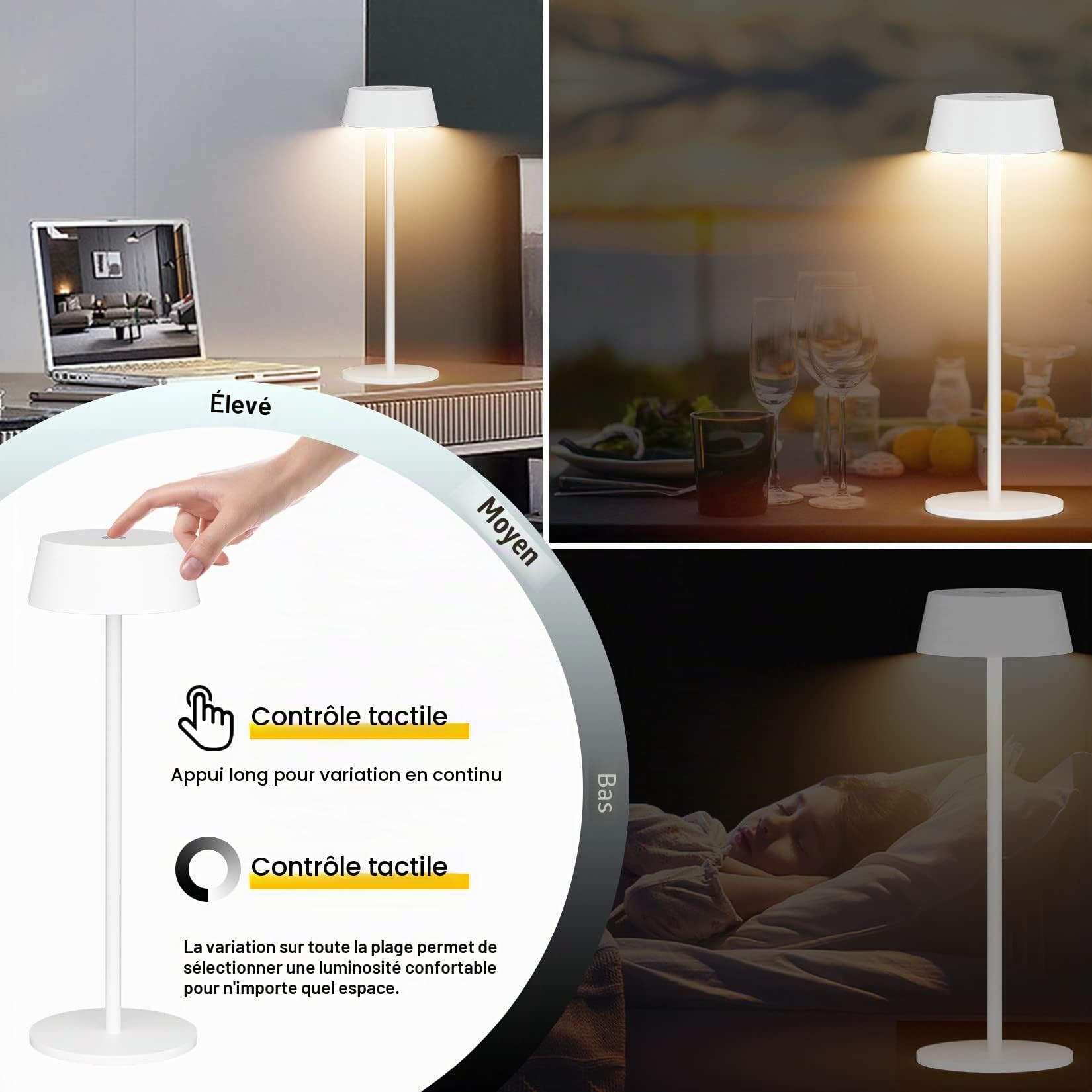 Kligten Lot de 2 LED Dimmable Blanc Lampe de Table à batterier, Rechargeable Lampes de Bureau avec Chargement USB-C pour Intérieur Extérieur, 3000K/4000K/6000K, Aluminium, IP54