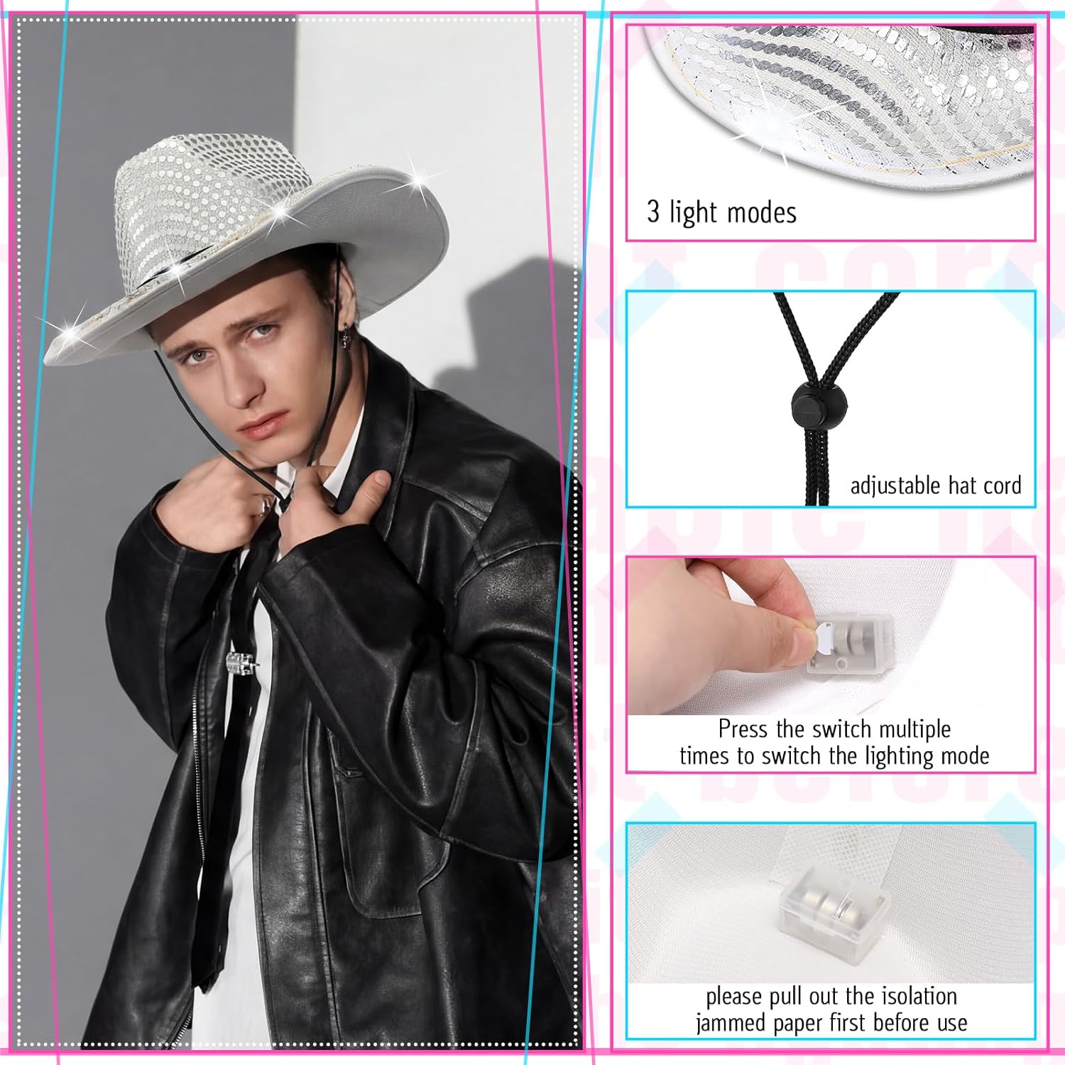 Tisancy LED Lights Cowboy Cowgirl Hat Flashing LED Lights Cowgirl Hat for Wedding Western Bachelorette Party