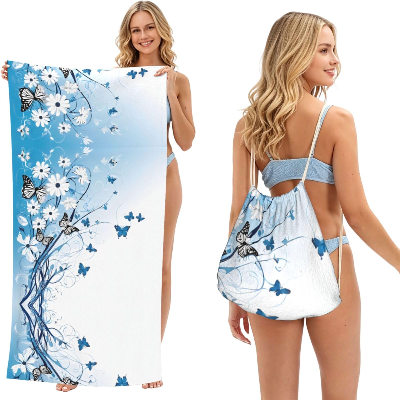 EZDLOWVBA Flowers And Butterfly Print Beach Towel Backpack 2 In 1 Summer Large Lightweight Beach Towel - Multifunctional Ship Pattern Towel Bag For Storage,Sport