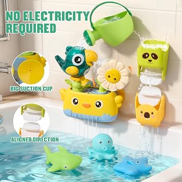 Bath Toys Toddlers 2-4, Mold Free Toddler Bath Toys, Baby Bathtub Water Toys with Strong Suction Cups Waterfall Shower Toy with Bath Cups & Watering Can for 18+ Months Boy Girl Gifts