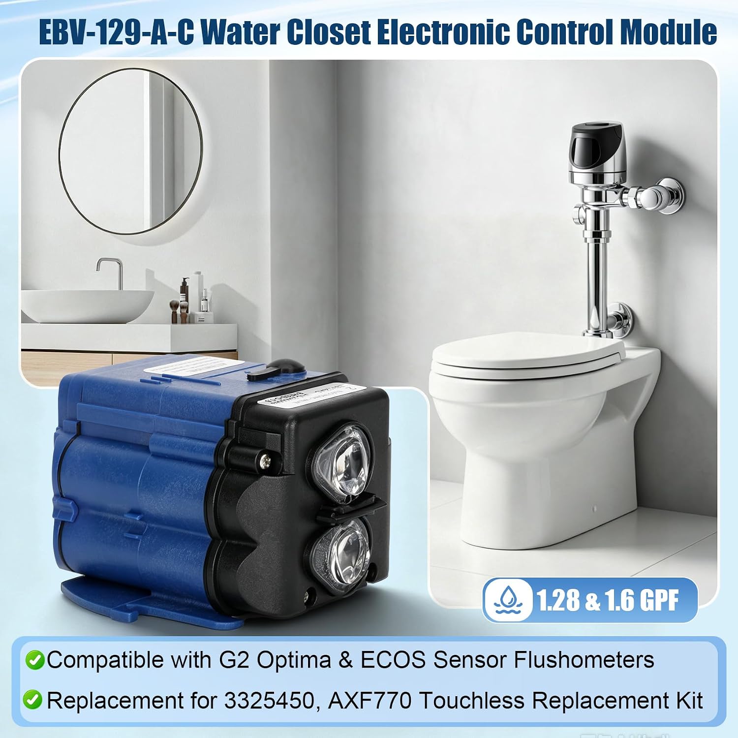 EBV-129-A-C Water Closet Electronic Control Module, 1.28 & 1.6 GPF, Compatible with Sloan Optima G2 & ECOS Sensor Flushometers, Replacement for 3325450, AXF770
