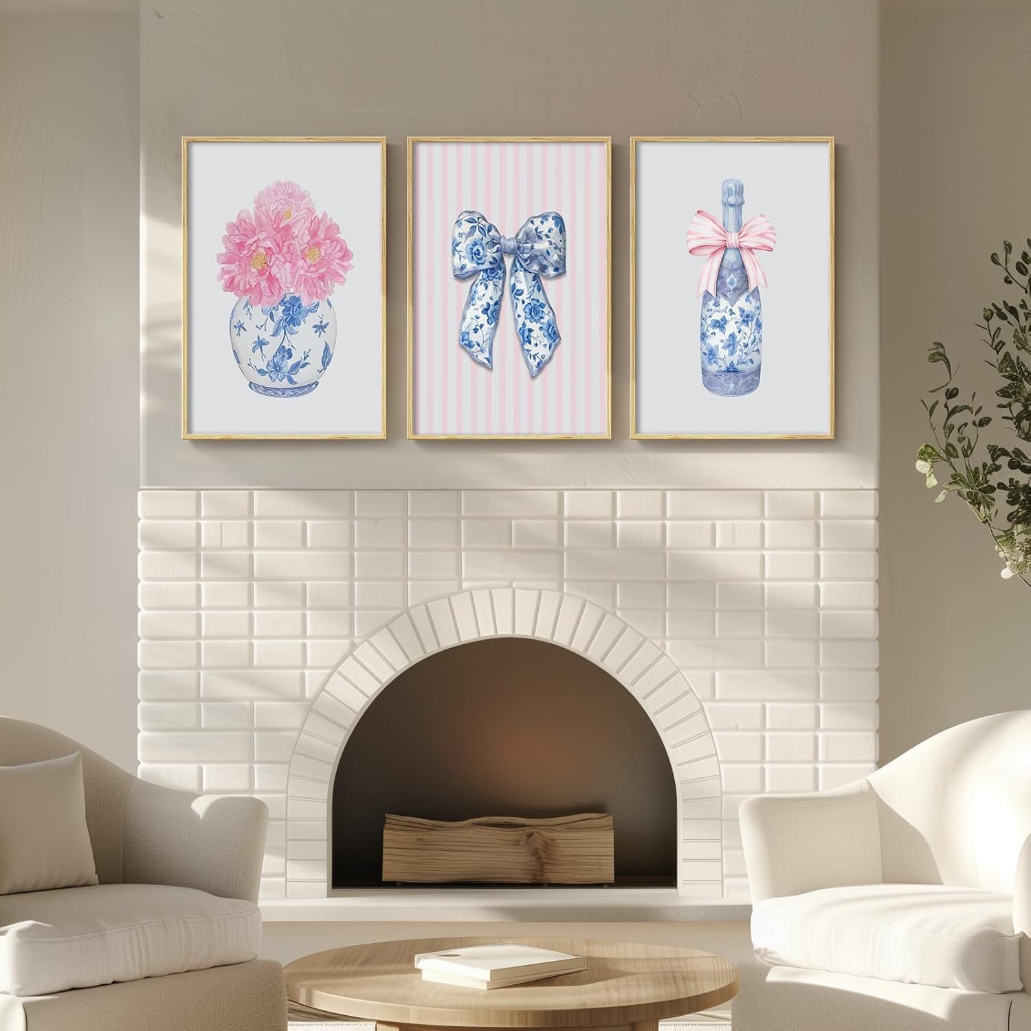 3 Piece Blue Pink White Chinoiserie Flower Canvas Wall Art Prints Set Preppy Bow Poster Blue Pattern Wine Bottle Bow Wall Decor Watercolor Trendy Aesthetic Painting for Girly Room 12x16 Inch Unframed
