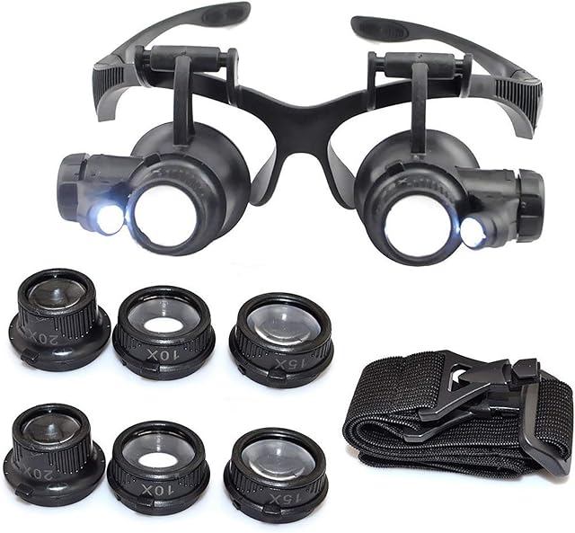 YOPOTIKA Headband Magnifier Glass with Light,Jewelry Watch Repair Magnifier with 2 LED Light and 10X, 15X, 20X, 25X replaceable lens,for Reading,Electronic Repair Head Mount Magnifier Glasses