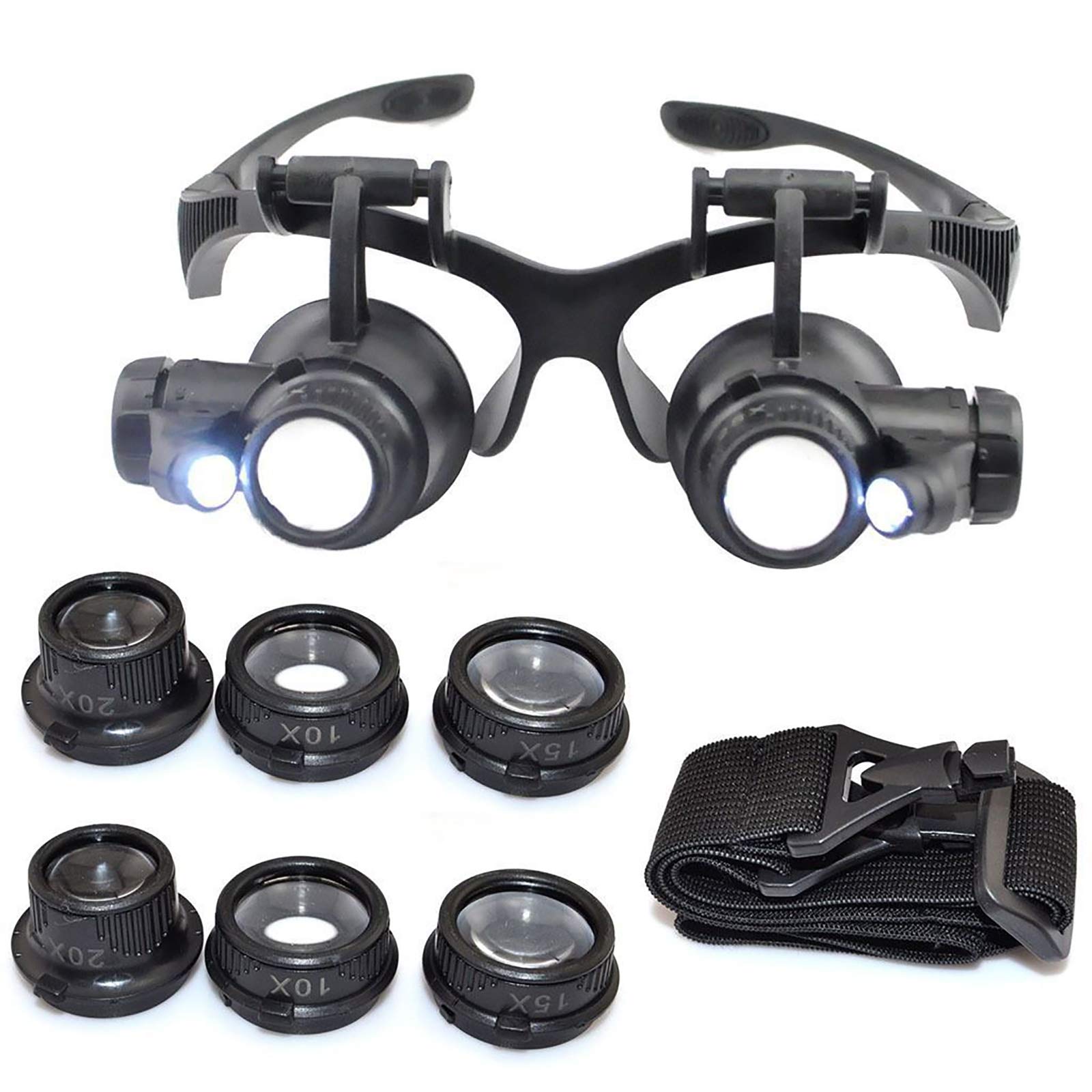 Headset Fernglas Lupe, Stirnband Lupe mit LED-Licht, 25-fache Vergrößerung Auge Glas Lupe Juwelier Uhr Reparatur Kit LED Licht 20X