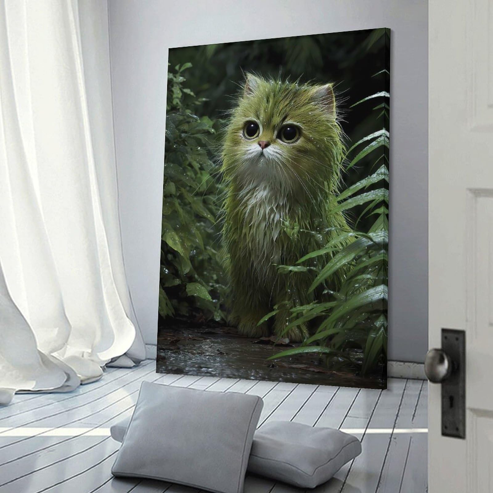 Junmoney Green Feline in Rainy Forest Room Decor Wall Art, 12x18inch(30x45cm), for Living Room, Lounge Or Sitting Room, A Home Accent with Warm Character