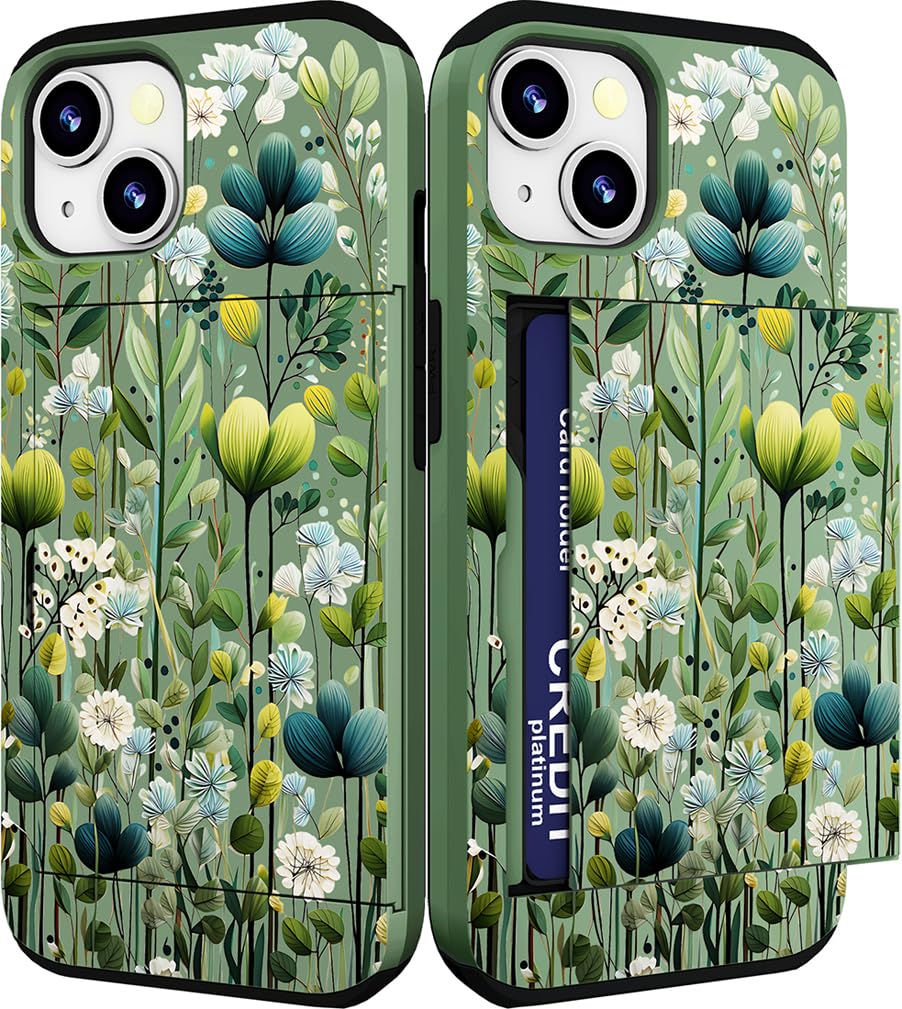 IWONE Compatible with iPhone 14/13 Case Cute with Card Holder Shockproof Slim Slot Phone Wallet Cover for Women/Green Leaves Botanical Flower Plants