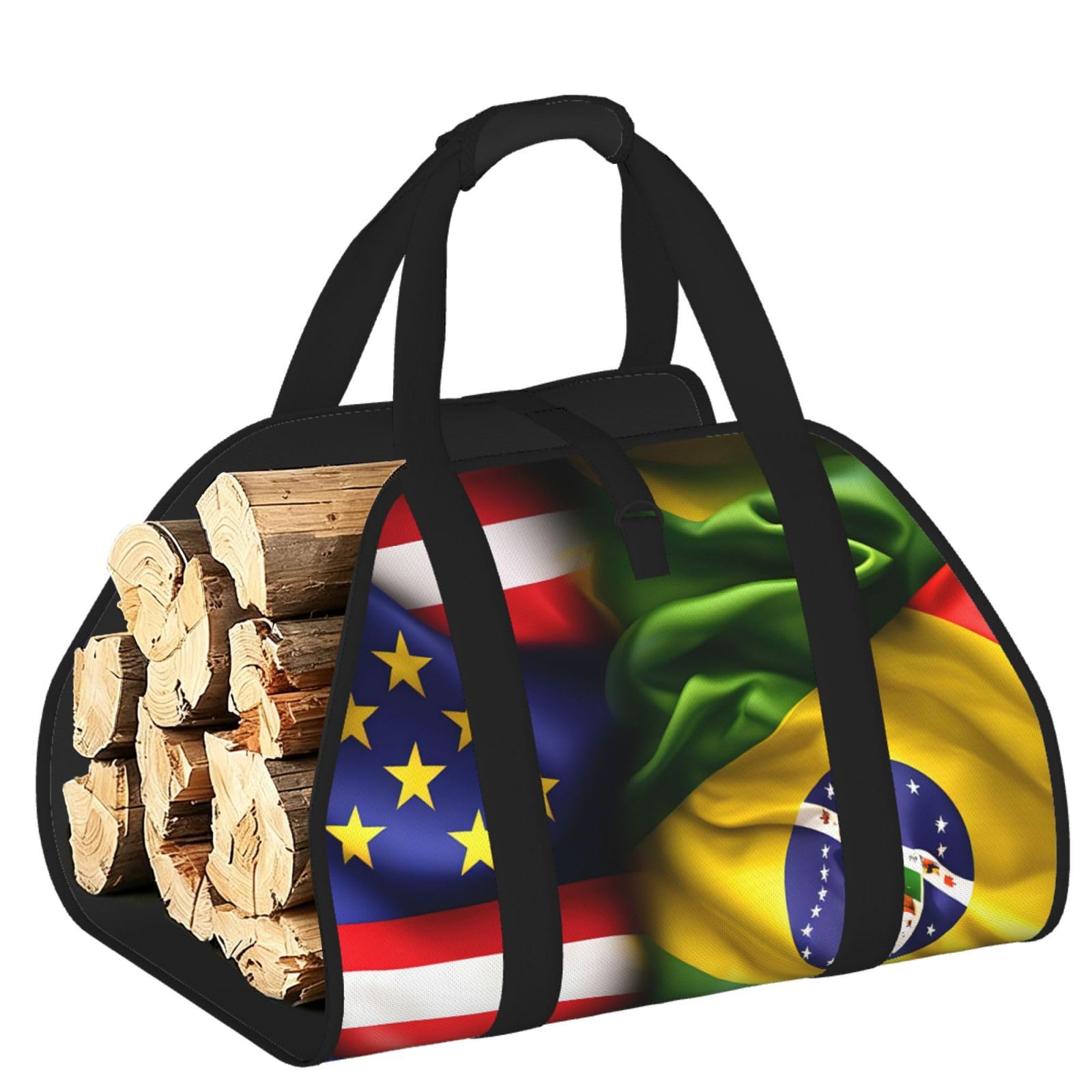 American and Brazilian Flags Printed Firewood Carrier Bag, Log Tote with Open-Ended Design for Camping Outdoor Wood Hauling