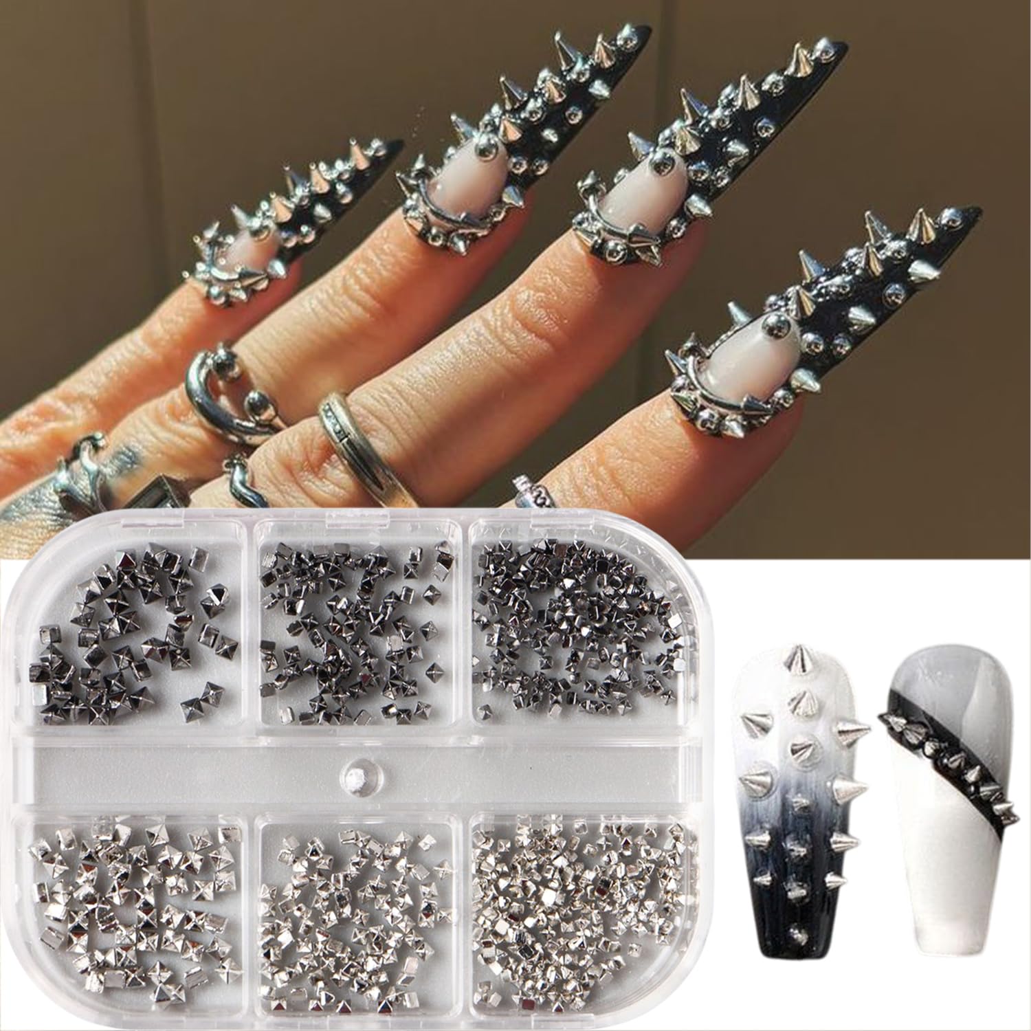 Metal Nail Art Studs 3D Mini Alloy Nail Charms Black and Silver Mixed Nail Jewelry Flat Back Mixed Sizes Cone Spikes Alloy Nail Rhinestones for Women