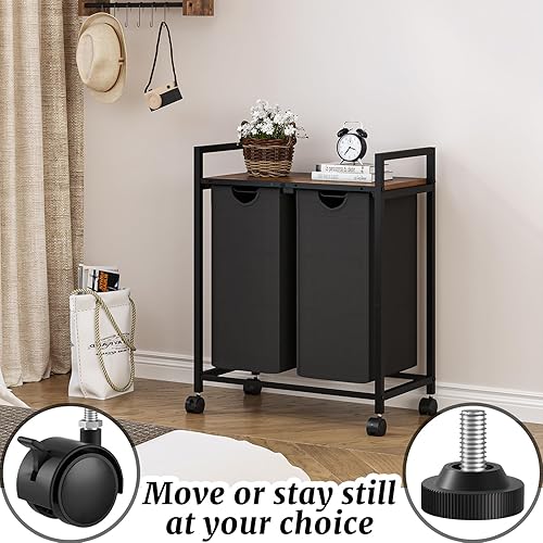 Miniatura 4 de Carrito clasificador de ropa sucia, cesta de lavandería con ruedas, organizador de cesta de lavandería con ruedas, 2 bolsas extraíbles extraíbles