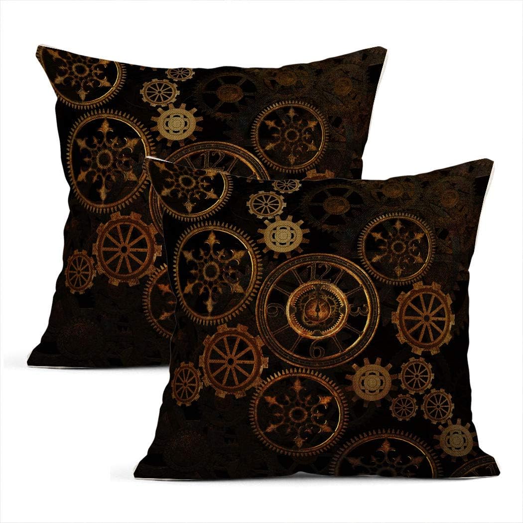 Heyqqo Set of 2 Cushion Covers Linen Steampunk Steam Punk Gears Clock Abstract Technology Vintage Bronze Century Pillowcases Square Soft Home Decor Design Throw Pillow Cases Sofa Bedroom 18x18 Inch
