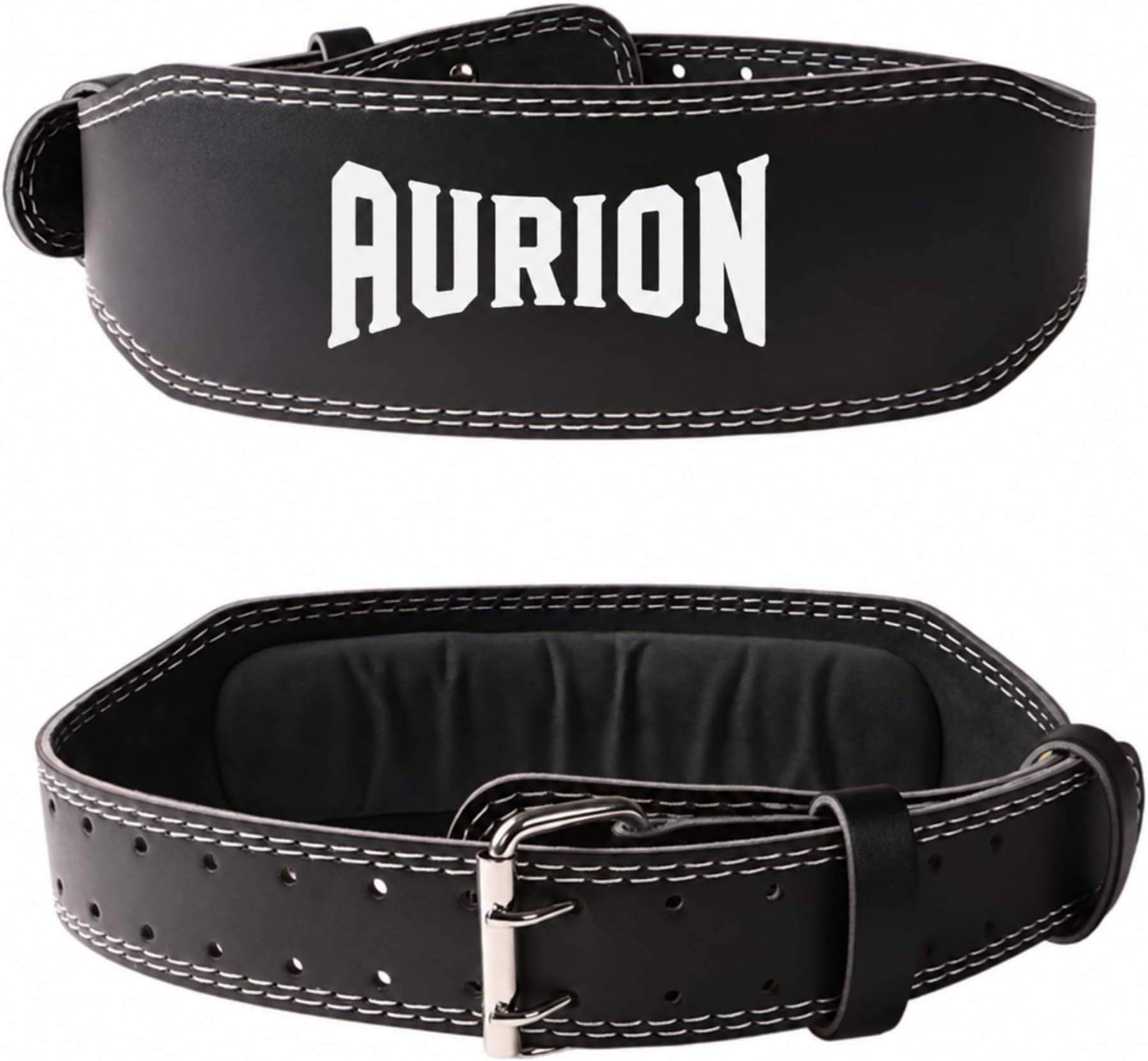 AURION-Genuine Leather Weight Lifting Belt Body Fitness Gym Back Support Power Lifting Belt (Medium), Black
