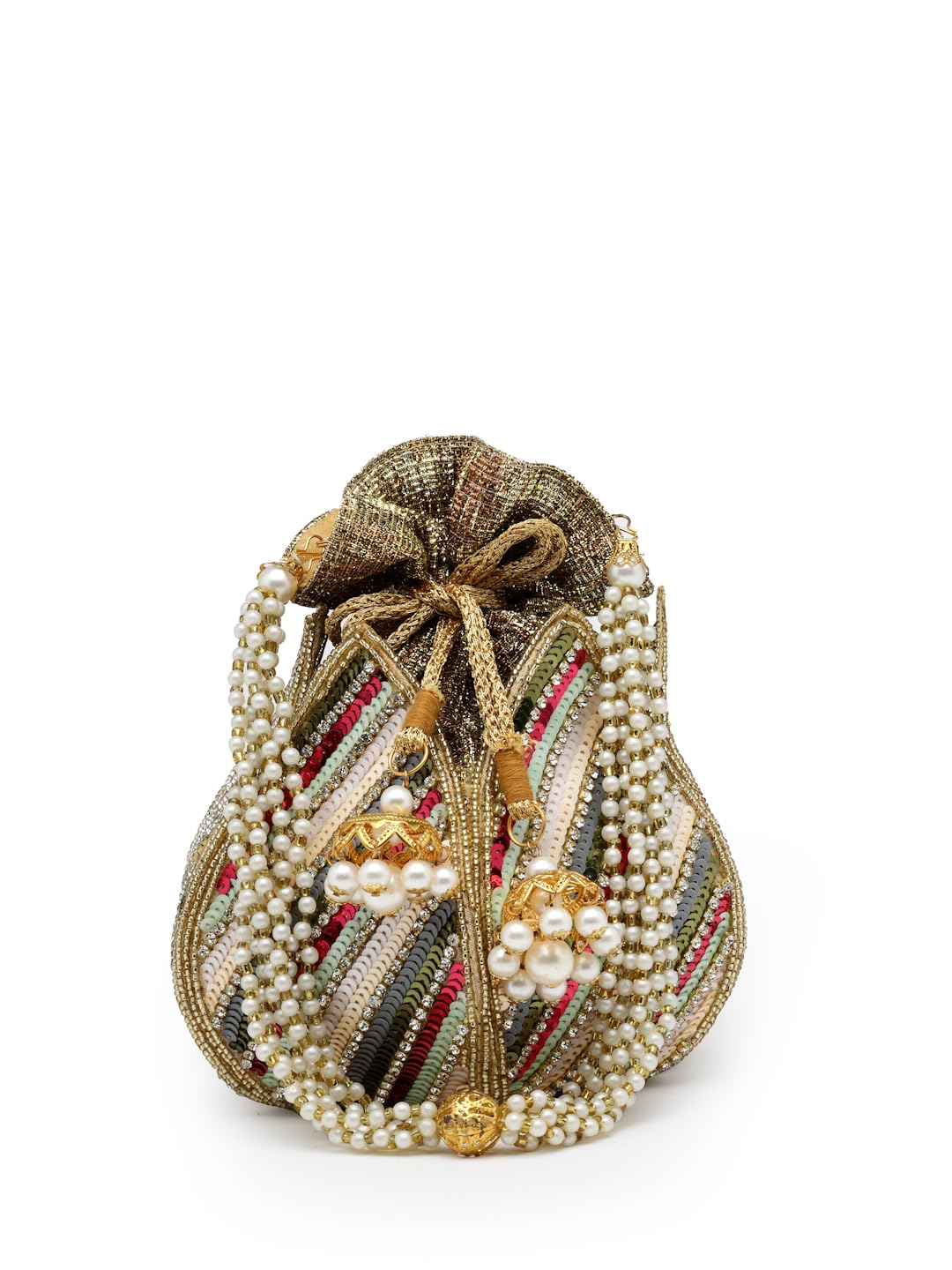 Lotus Striped Embellished Faux Silk Potli-image-44