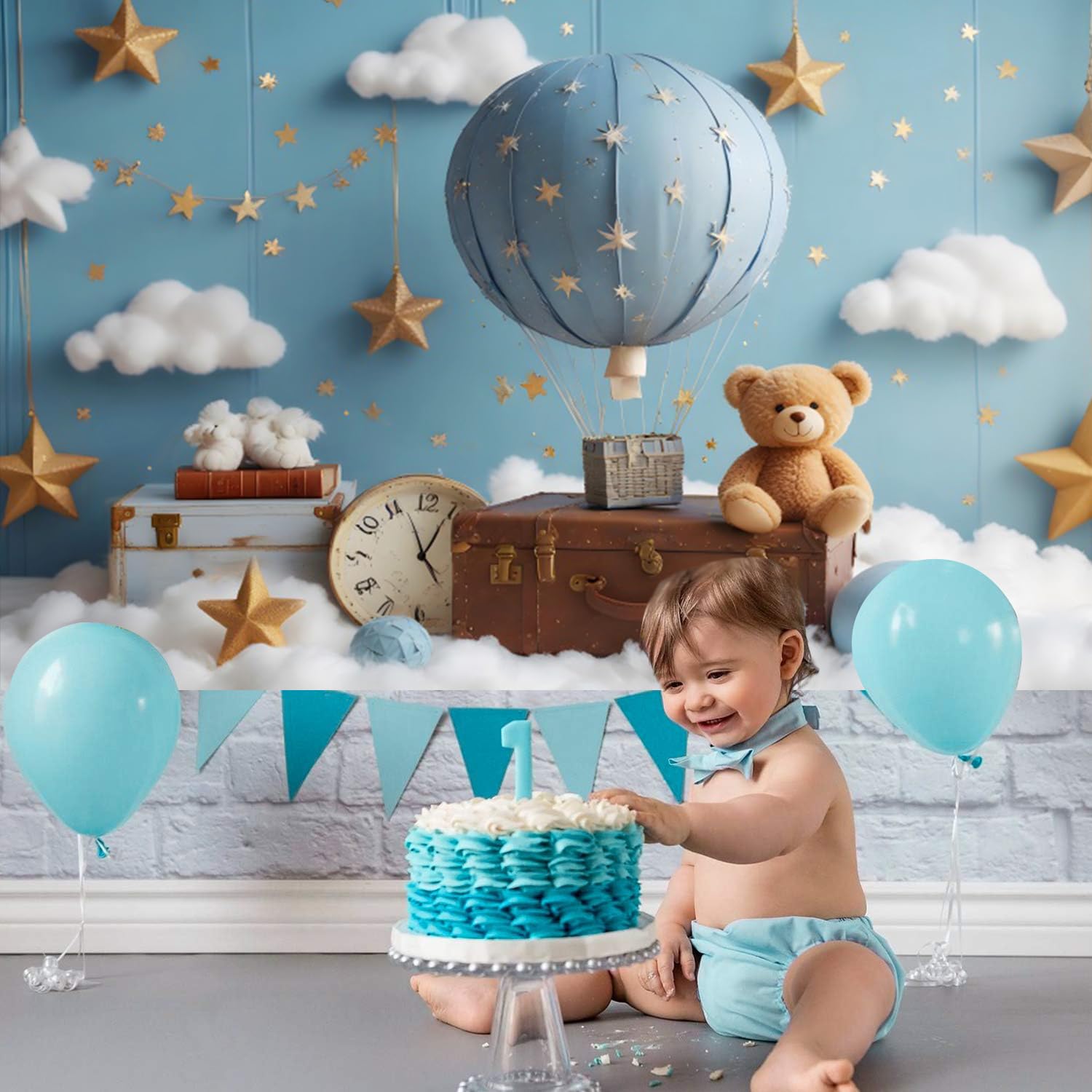 Fondo para Primer Cumpleaños 2.2x1.5m, Oso Azul con Globo Aerostático - Fotografía para Niño de 1 Año Baby Shower Fiesta Decor Banner Accesorios de Estudio