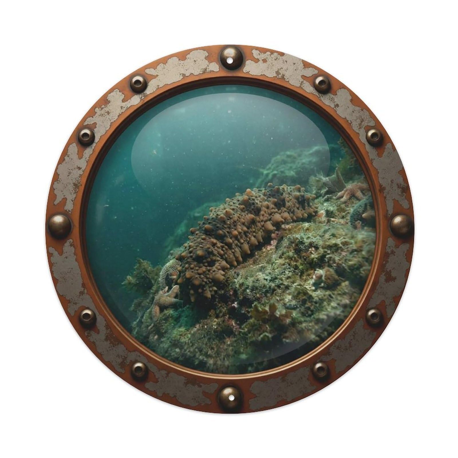 Vintage Porthole Warty Sea Cucumber Nautical Window View Metal Tin Sign