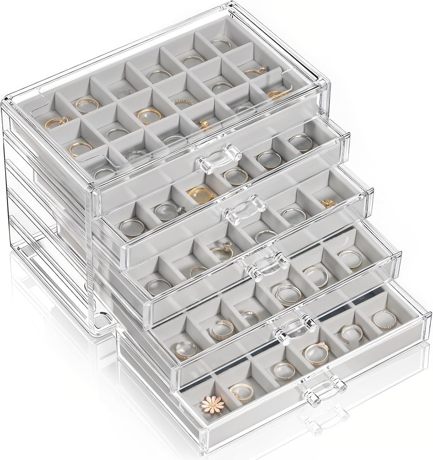 Earring Holder Organizer Jewelry Box with 5 Drawers, 90 Grids Velvet Dust Proof Display Clear Acrylic Earring Holder for Earrings Rings Studs (Gray)