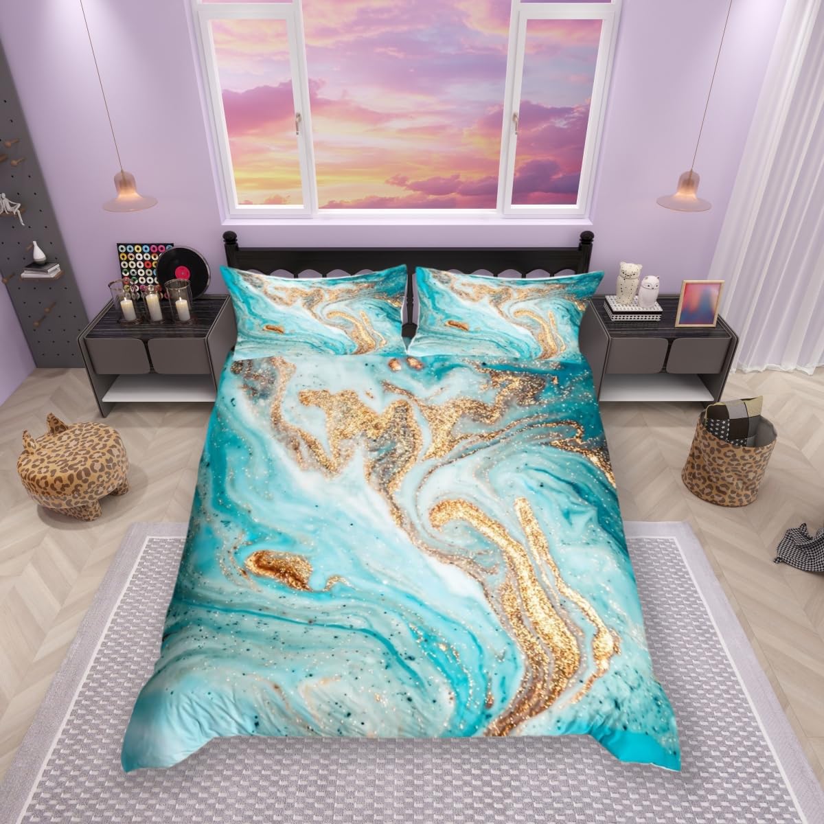 Feelingyou Girls Cyj7232 Marbling Duvet Cover Set Double Mint Gold Glitter Turquoise Comforter Cover Chic Y Marble Bedding Set 3Pcs For Kids Room Decor, Abstract Stone Texture Bedspread With 2 Pillowcases