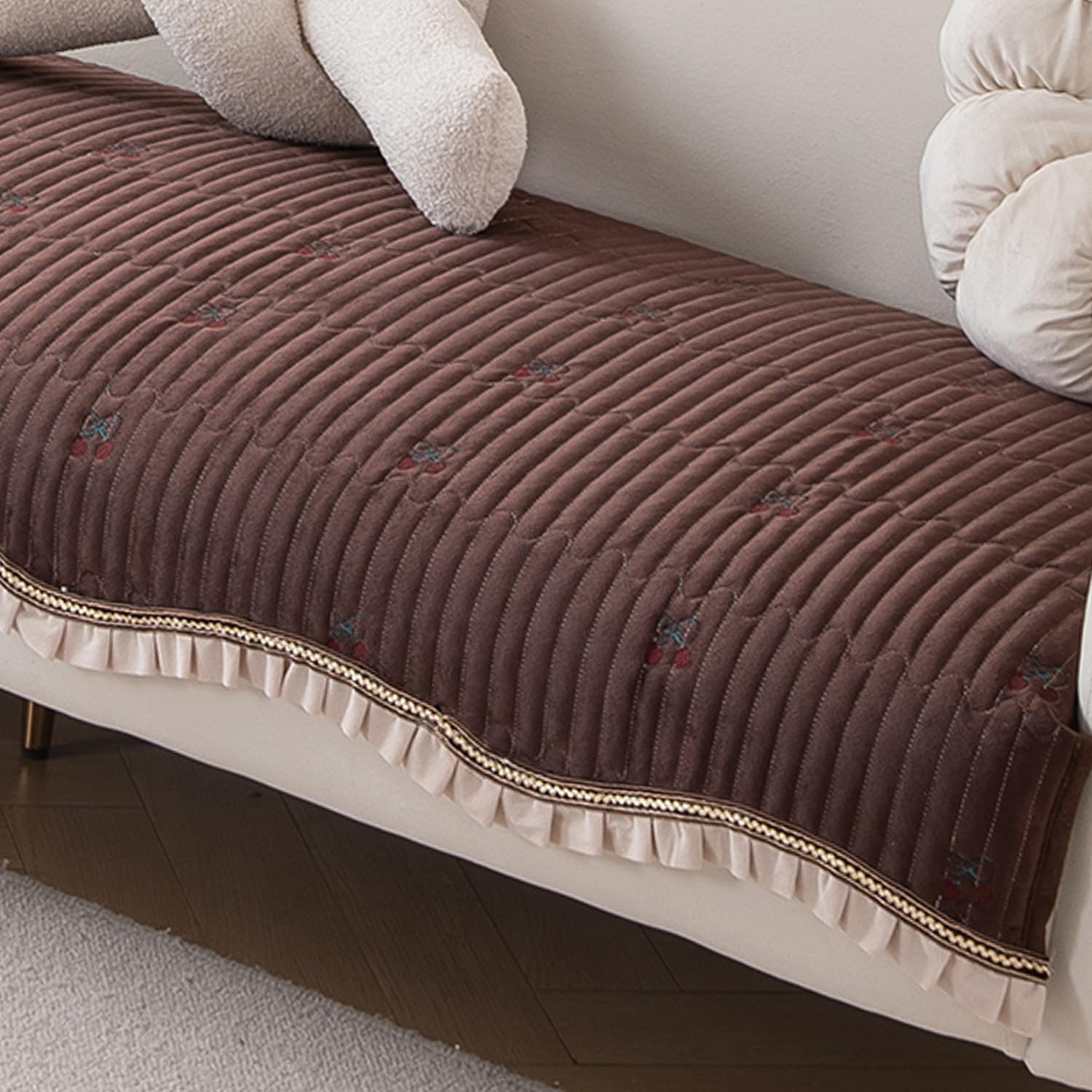 HOKIPO Premium Dutch Velvet Sofa Cover Mat with Frill for 1/2/3 Seater and L Shape Sofa. Make Your Own Sofa Cover Set, Mat Length 90(D) x 220(L) cm, Rich Chocolate (AR-5741-CHOC)-image-16