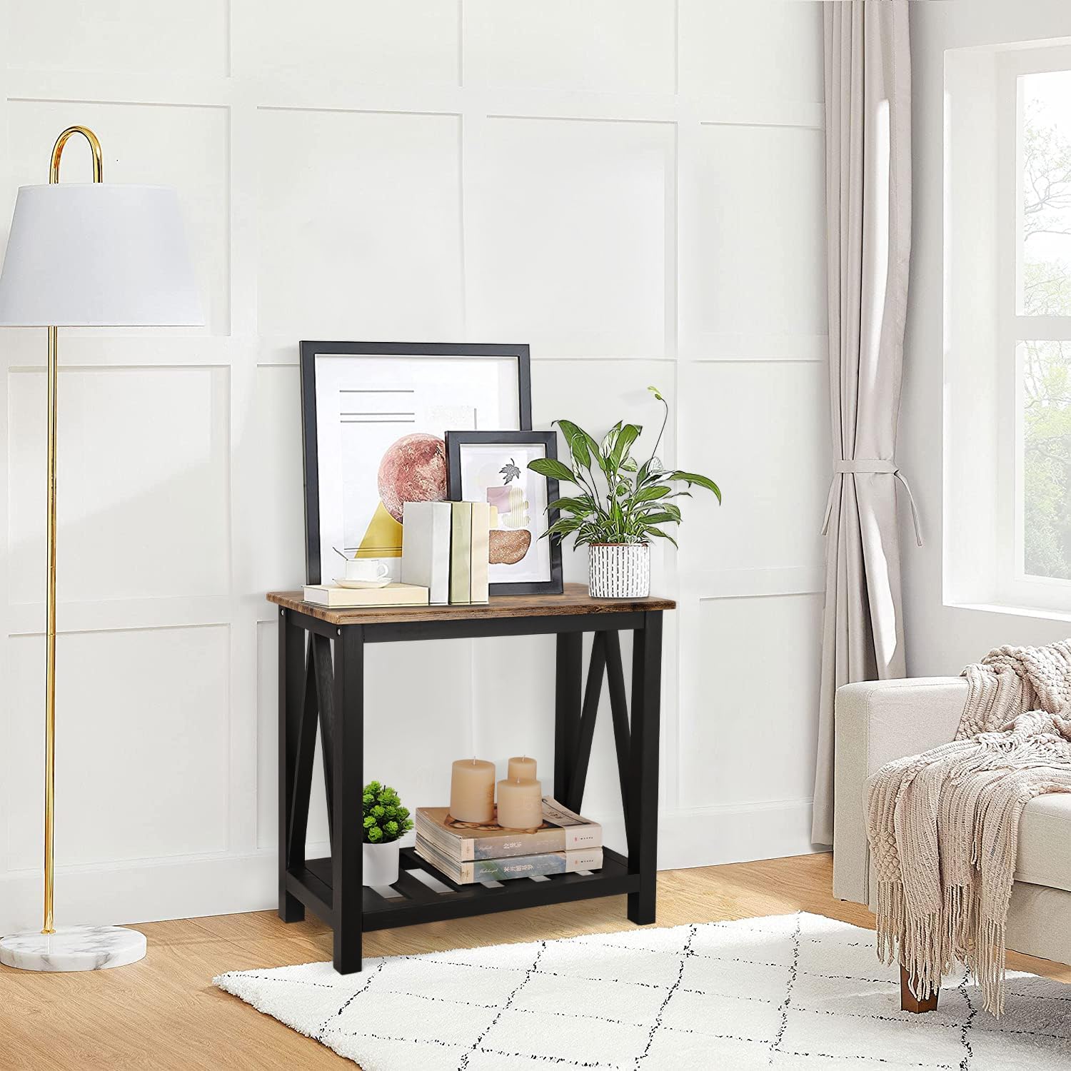 Narrow Side Table Rectangular End Tables with Storage Shelf Small Industrial Nightstands Bedside Table for Small Spaces Living Room Bedroom Bathroom Brown Smooth Tabletop and Black Legs