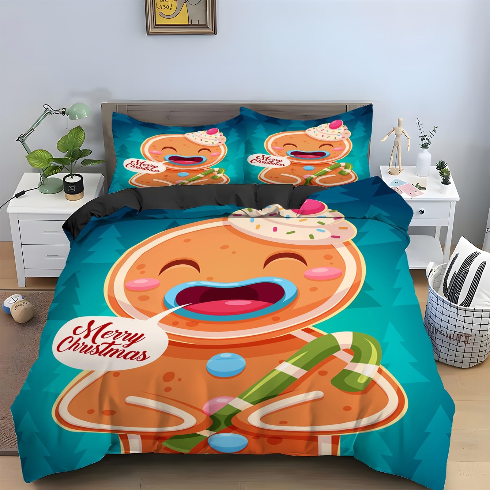 Housse de couette 160x200 biscuits de Noël et parure de lit microfibre avec taies