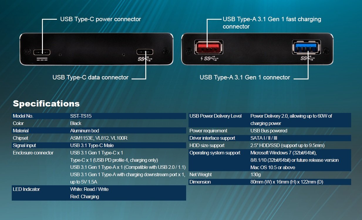 SilverStone SST-TS15B - Custodia per Hard Disk Drive USB 3.1 Tipo C per custodia da 9.5mm 2.5" SSD/HDD, Supporto UASP, alluminio, nero
