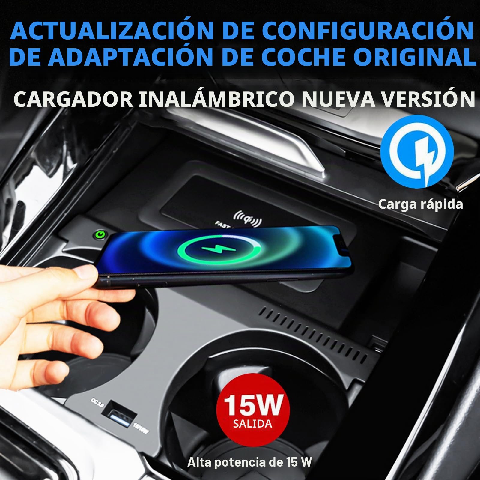 Cargador Inalámbrico para Coche para BMW X3/X4/X3M/X4M 2019-2024 Todos los Modelos, Placa de Carga Rápida 15W con Caja Consola Central con Puertos USB 27W para i-Phone y Sam-Sung