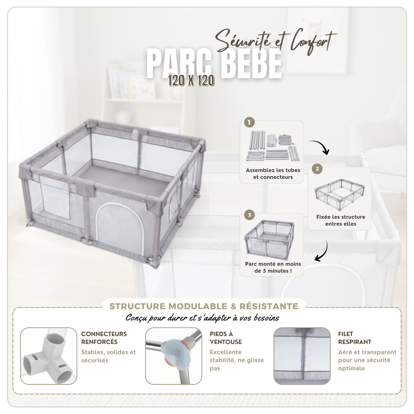 Parc Bébé 120x120cm - Tapis de sol inclus, Idéal Enfant & Bébé -Gris