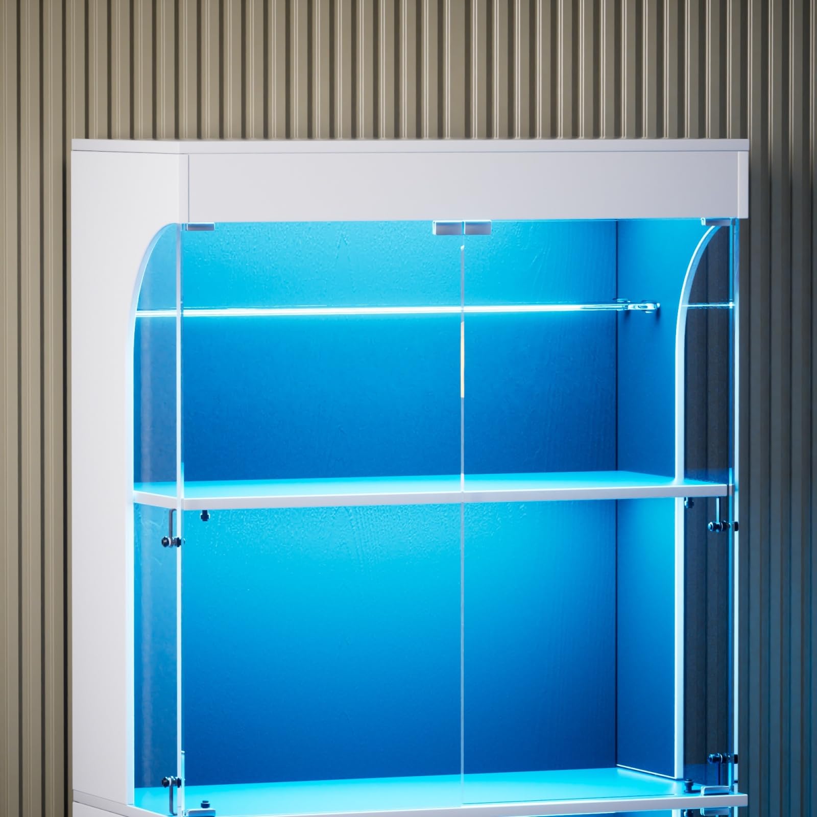 Vitrina de cristal con LED, vitrina para colección, armario de cristal moderno, 6 estantes, 4 puertas, transparente, mueble vitrinas para dormitorio, salón, comedor, 80 x 35 x 165 cm (blanco