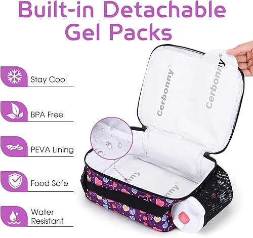Miniatura 2 de Cerbonny Bolsa de almuerzo congelable, Purple Love-P, unisex, poliéster, soporte para comidas, paquetes de gel que mantienen la comida fresca