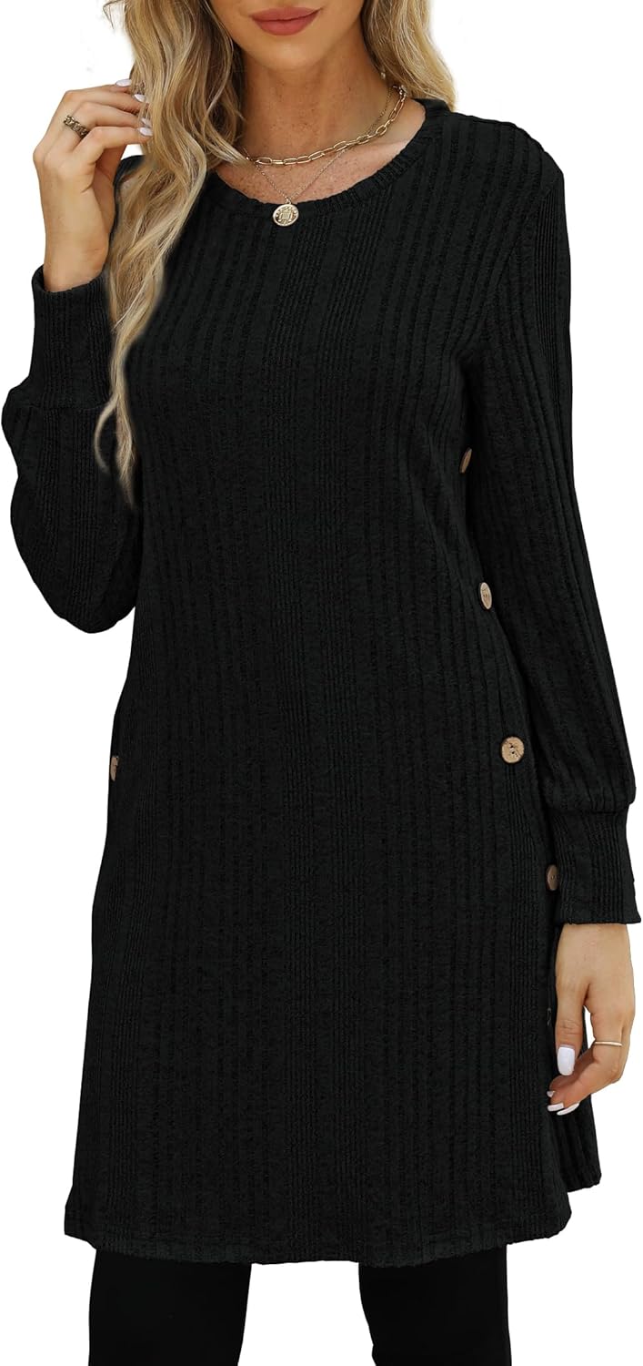 Kikibell Women's Knit Dress Long Sleeve Casual Crew Neck Tunic Dresses with Pockets Button Side Fall Winter Trendy Outfits - Image 8