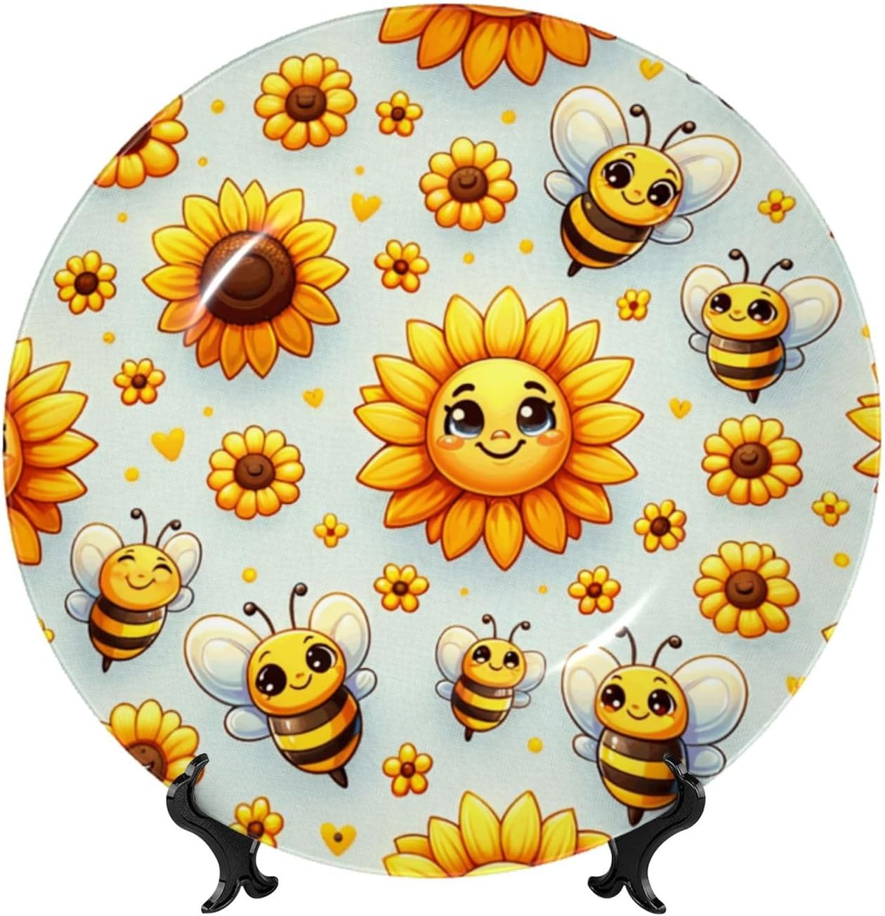 Cute-Sunflower-Bee 10 Inch Decorative Plate With Stand, Elegant Display Wall Plate For Home Decor