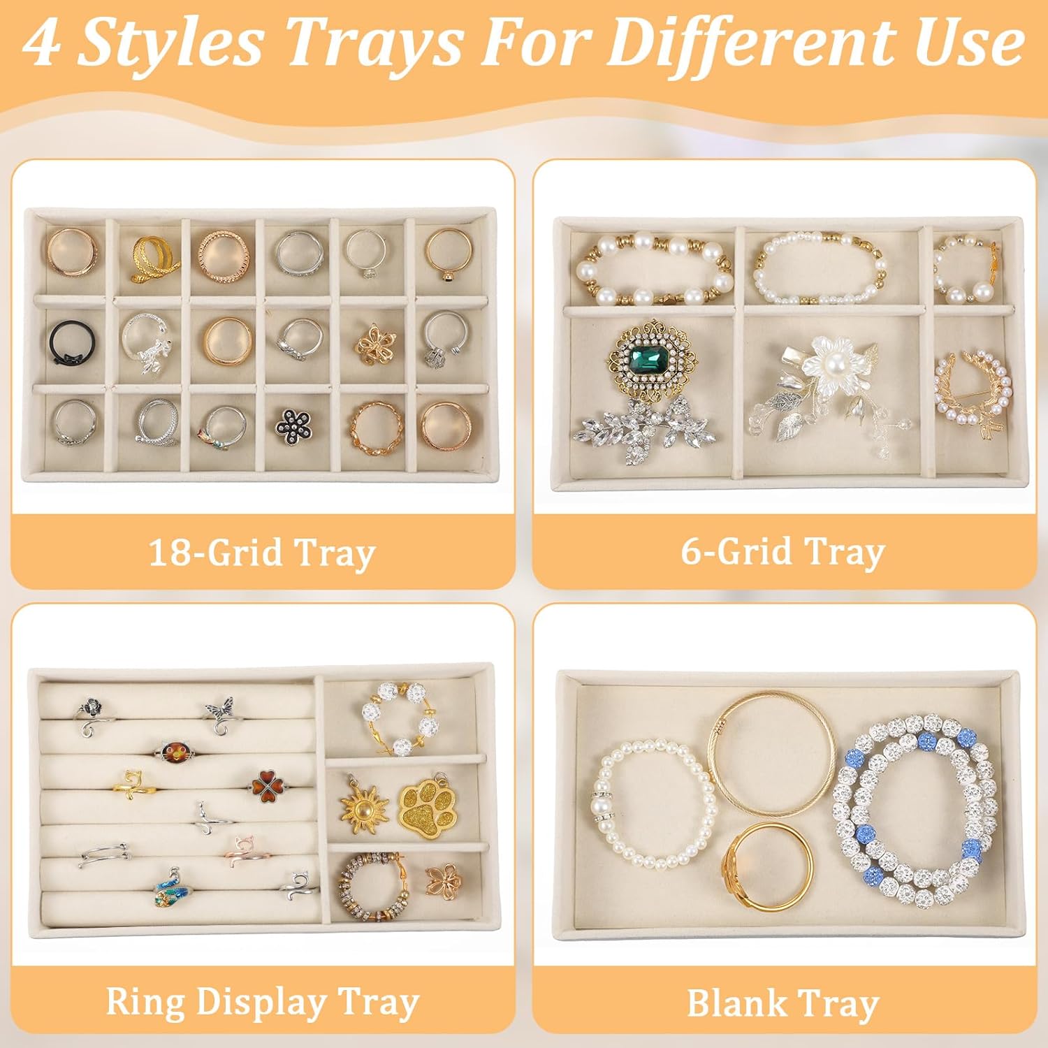 12 Pack Velvet Jewelry Organizer Trays for Drawer, Stackable Storage Display Case with Removable Dividers for Necklace, Bracelet, Rings, Earrings - Beige