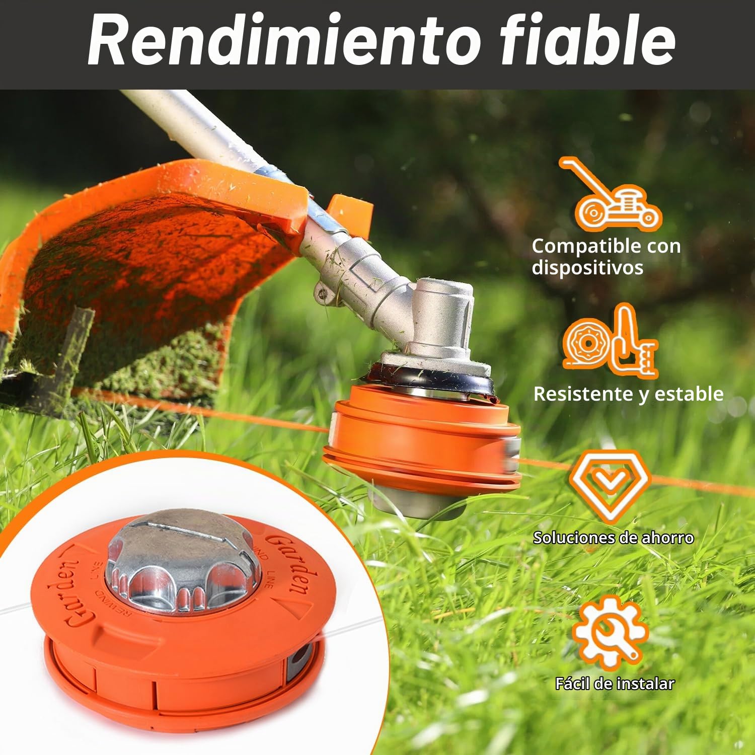 Cabezal de bobina de repuesto M10 x 1,25 mm para desbrozadora, cable izquierdo con hilo de 30 m x 2,4 mm, color naranja