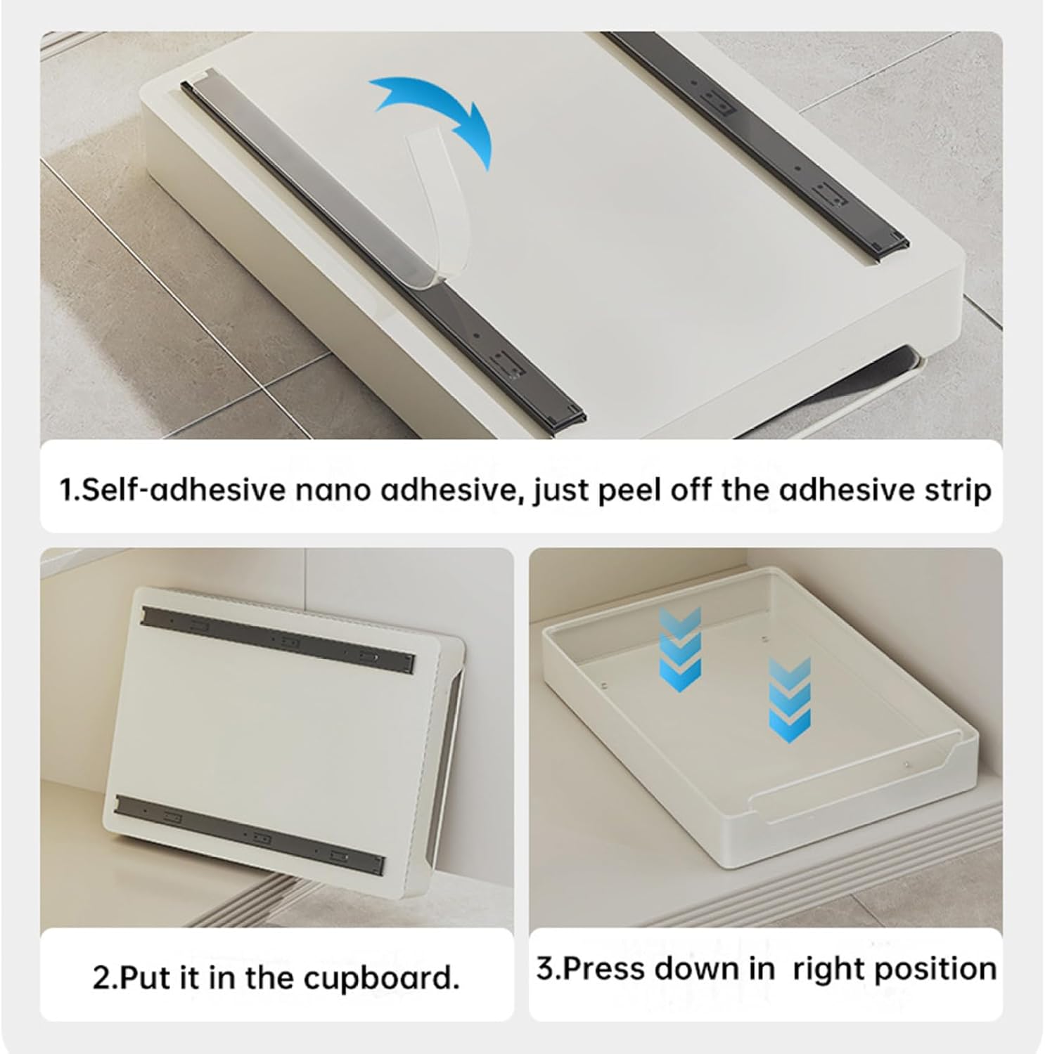 Pull out Cabinet Organizer with Adhesive Nano Film, 16.9x7.9x2.8 Slide out Drawers, Heavy Duty Silent Adhesive Drawers for Cabinets, Kitchen, Living Room, Home