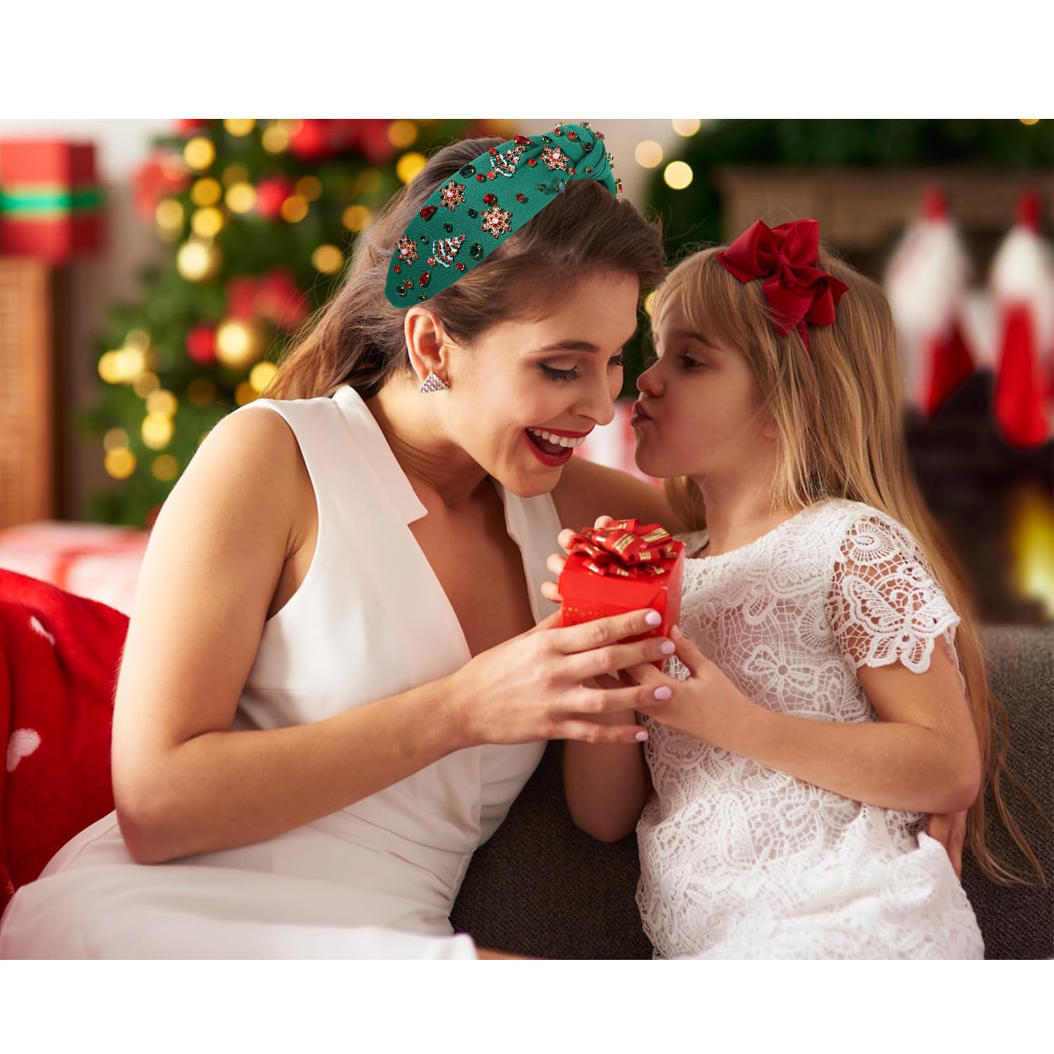 Christmas Headband Women Holiday Accessories Beaded Xmas Bow Tree Snowflake HOHOHO Knotted Headband Red Green Crystal Pearl Top Knot Festive Holiday Gifts - Image 2