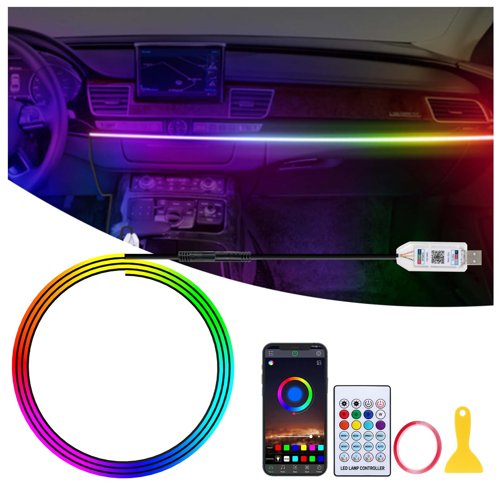 GPJYD Acryl Auto LED Innenbeleuchtung, RGB Ambientebeleuchtung Auto Strip 110cm 146LEDs mit 219 Szenen-Optionen, APP-Steuerung, USB-Port A uto innenraumbeleuchtung für Geschenke für Männer Frauen