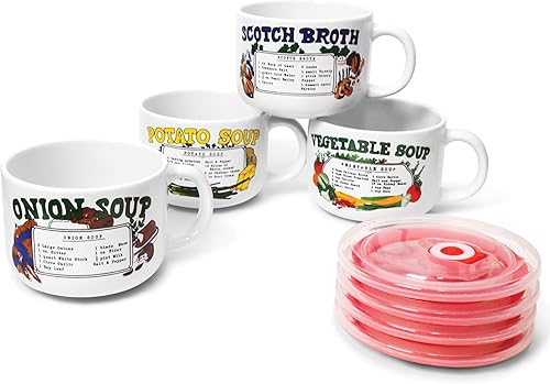Miniatura 8 de Old & Bold - 4 tazones de sopa de 27 onzas con tapas. Tazas de cerámica retro para recetas de sopa con tapas y asas ventiladas. Paquete de 4