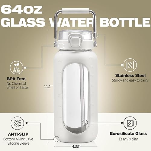 Miniatura 4 de BLUEGO Botella de agua de vidrio de 64 onzas, botellas de agua con mango de acero inoxidable y popote, botella de agua motivacional de medio galón
