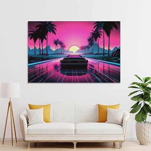 Miniatura 4 de Vaporwave - Póster e impresiones futurista de automóvil con diseño de palmera retrowave de los años 80, arte de pared para el automóvil, decoración