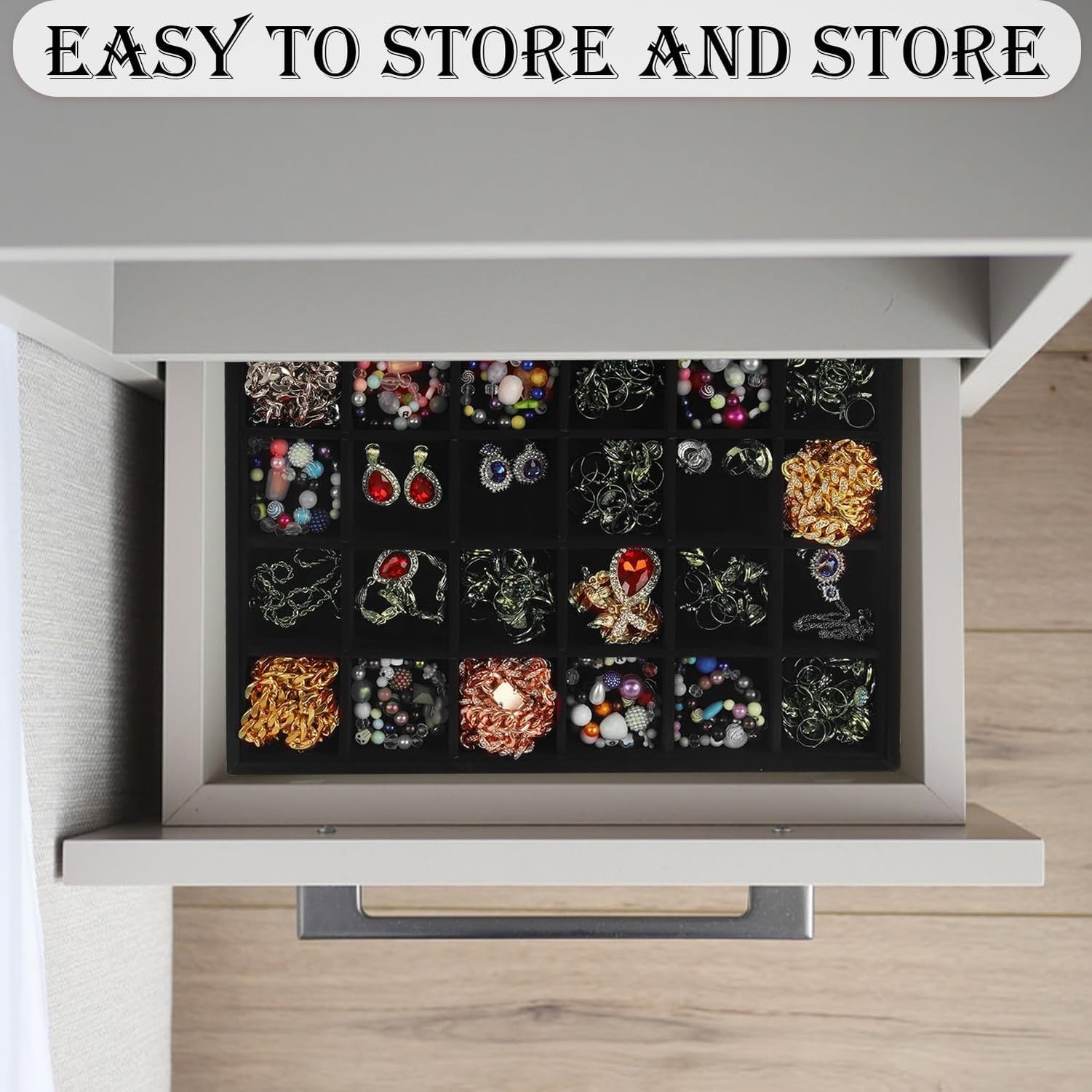 Organizador de joyas apilable con 3 bandejas, 24 rejillas para anillos y aretes, soporte para cajón y exhibición, Uso en tocador, Nero
