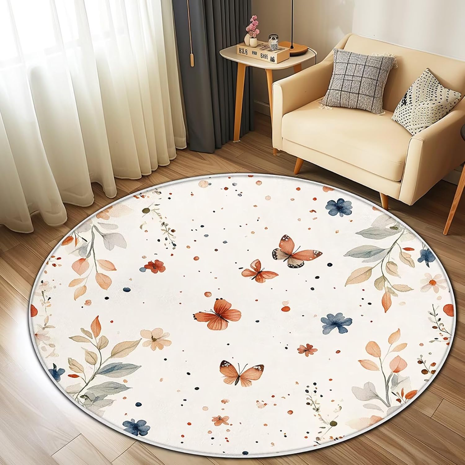 Butterfly Area Rug for Bedroom Living Room, Washable Soft Round Artificial Wool Kids Girls Carpet for Entryway Bedroom Living Room Laundry 4 Feet
