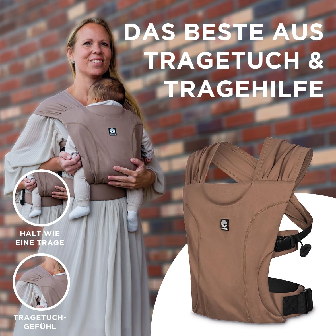 Dooky Carrier Be One, Babytrage und Tragetuch in einem, Ergonomisch und atmungsaktiv, Kreuzgurte für optimale Gewichtsverteilung, Ab Gebur, Baby Carrier für Neugeborene 56-74 cm, Mocha