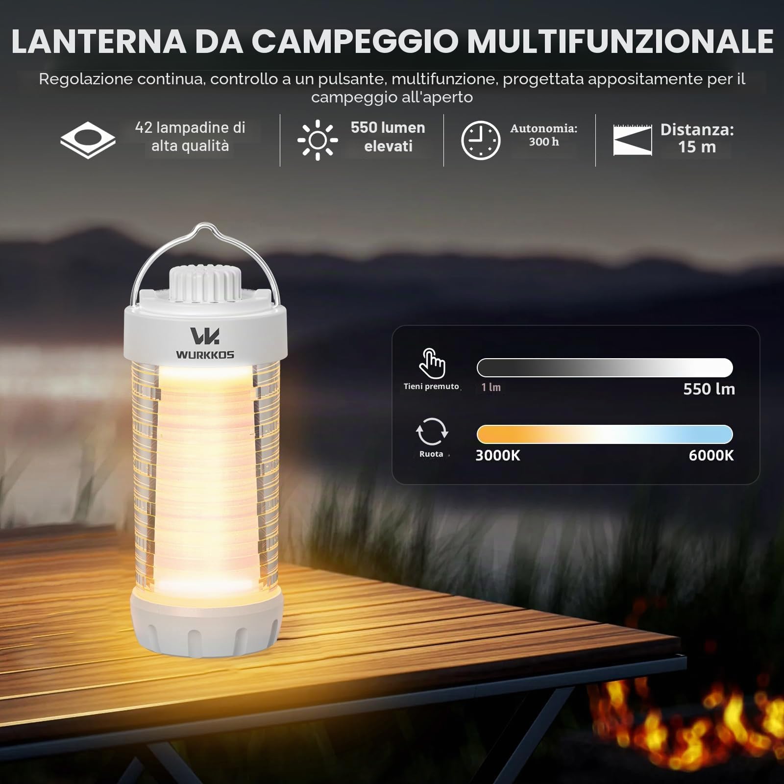 Wurkkos CL01 Lanterna LED da campeggio per esterni, 550 lumen, power bank 5000 mAh ricaricabile con batteria, luce da campeggio con magnete, fino a 300 ore di autonomia, lanterne da campeggio